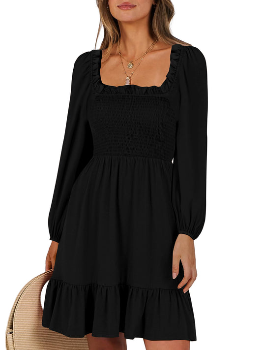 UVN Dresses for Women Casual Long Sleeve Square Neck Dress Ruffle Pleated Flowy Midi Dress