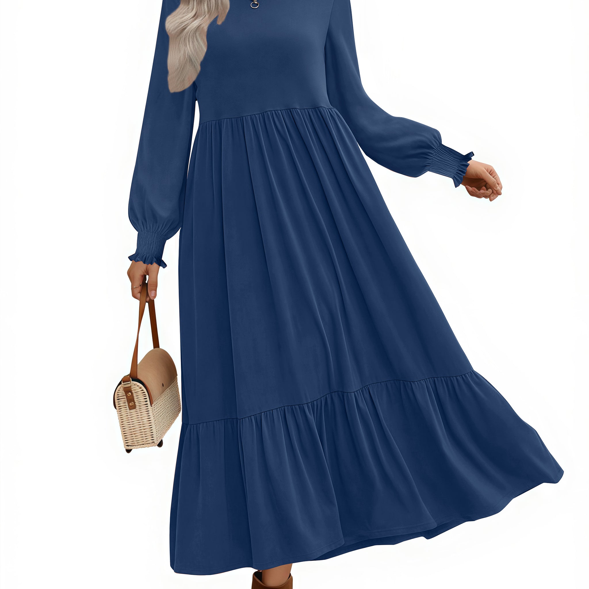 UVN Fall Long Dress for Women Crewneck Casual Long Sleeve Pleated Dresses with Pockets