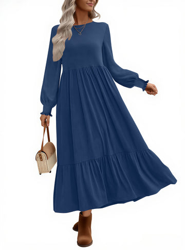 UVN Fall Long Dress for Women Crewneck Casual Long Sleeve Pleated Dresses with Pockets