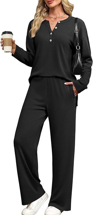 UVN Two Piece Outfits Sets for Women Casual Color Block Striped Sweatsuits Long Sleeve V Neck Button Henley Shirts Wide Leg Pants Tracksuits Travel Lounge Matching Sets with Pockets