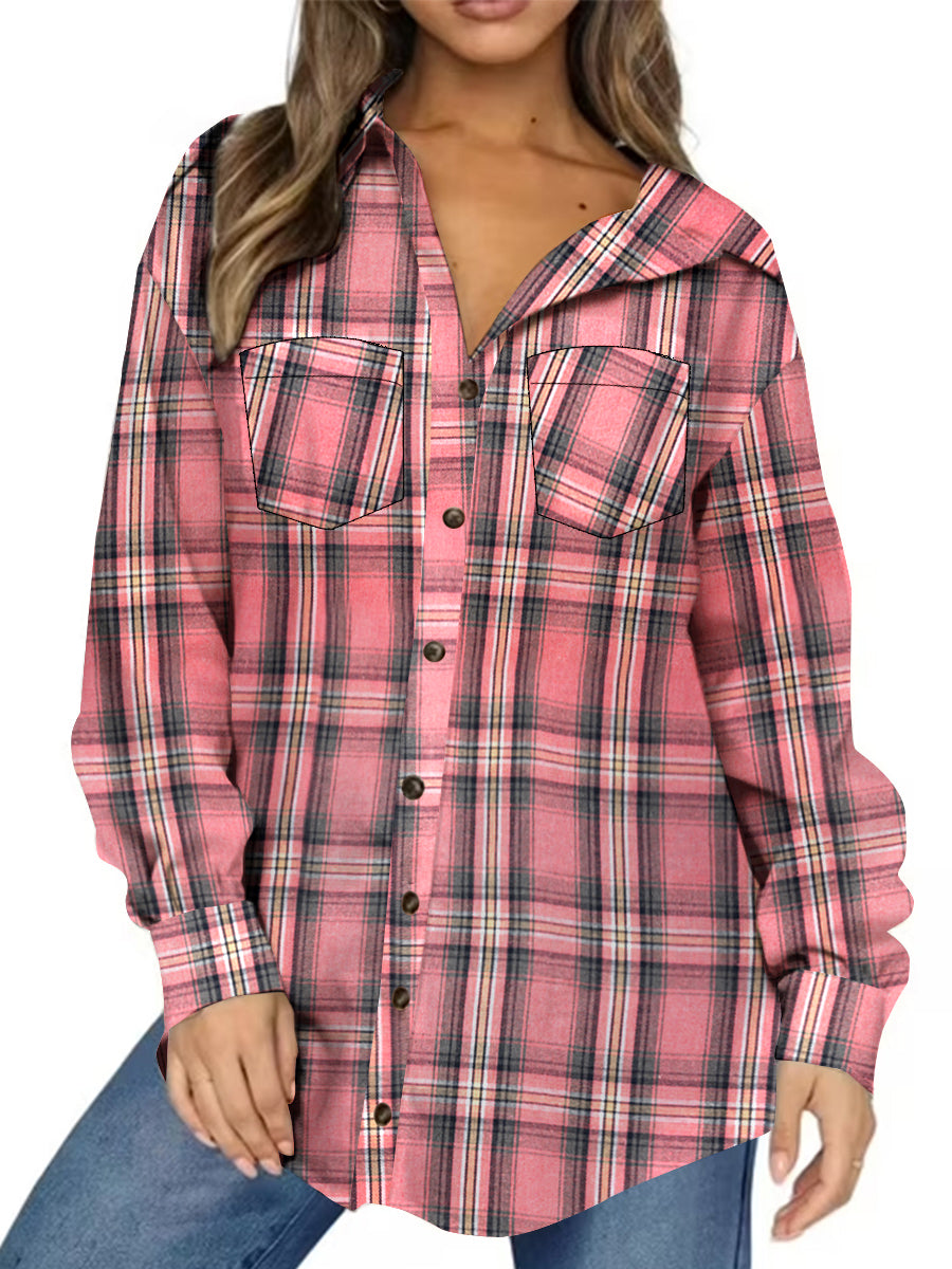 UVN Plaid Shirt for Women Oversized Flannel Long Sleeve Shirts Casual Button Down Blouse Tops with Pockets