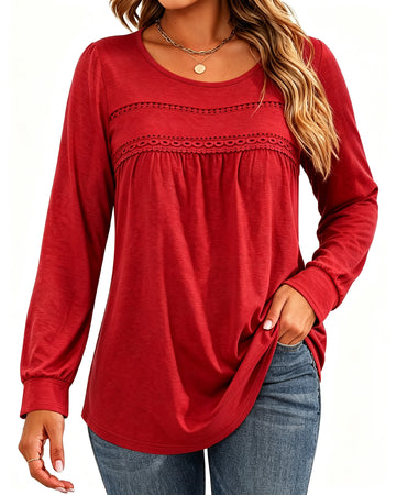 UVN Blouses for Women Long Sleeve Crochet Ladies Lace Shirts Crew Neck Dressy Casual Tops