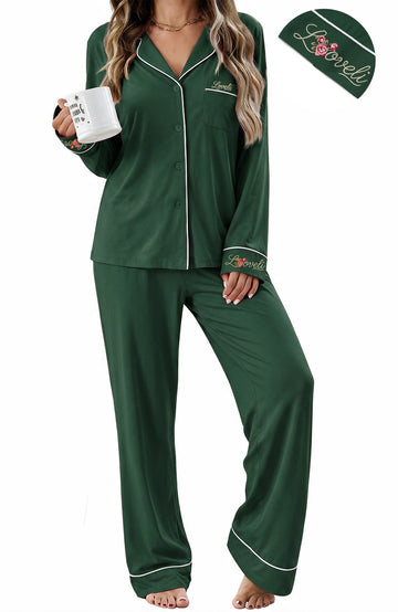 UVN Fall Pajama Set for Women Embroidered Floral Button Up Tops with Drawstring Pocket Pants Ladies Casual Lounge Set