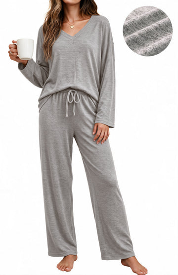 UVN Fall Womens Pajama Set 2 Piece Long Sleeve V Neck Top and Wide Leg Pant Ladies Soft Matching Lounge Set with Pockets