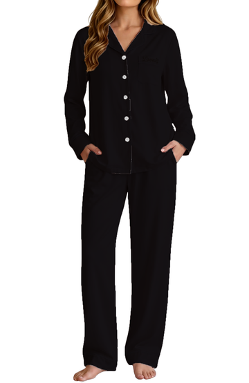 UVN Pajama for Women Embroidered Button Up Sleepwear with Drawstring Pocket Pants Ladies Casual Lounge Set