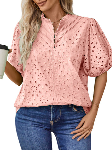 UVN Summer Blouses for Women Short Sleeve Shirts Ladies Hollow Out Lace Blouse V Neck Dressy Casual Tops