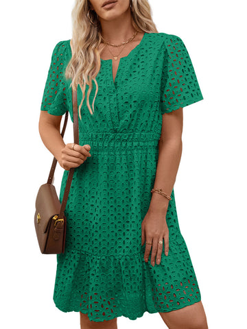 UVN Women Dress Summer Short Sleeve V Neck Dress Ladies Caual A Line Hollow Out Lace Beach Dresses