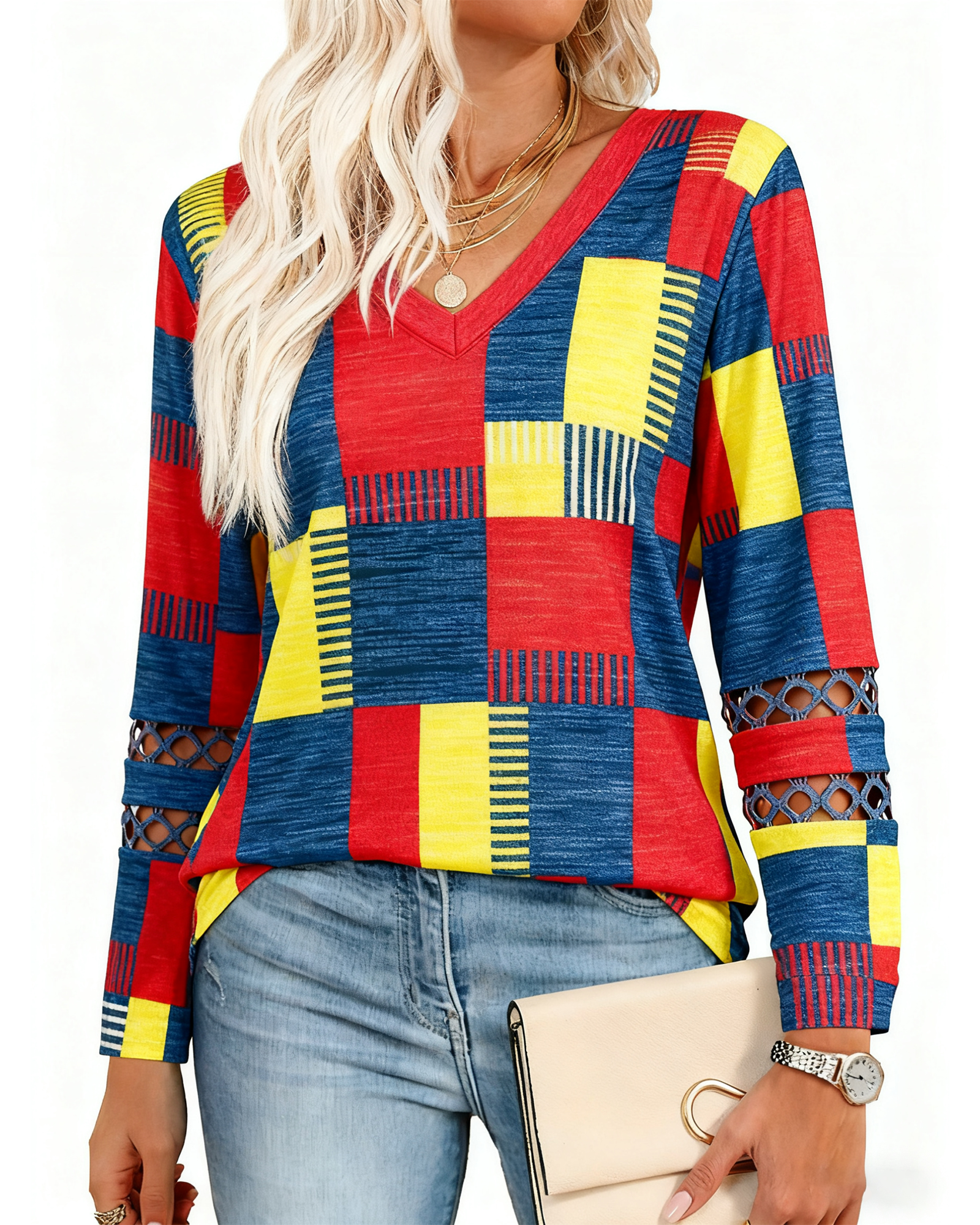 UVN Fall Blouses for Women Long Sleeve V Neck Tunic Tops Casual Hollow Out Curved Hem Dressy Shirts