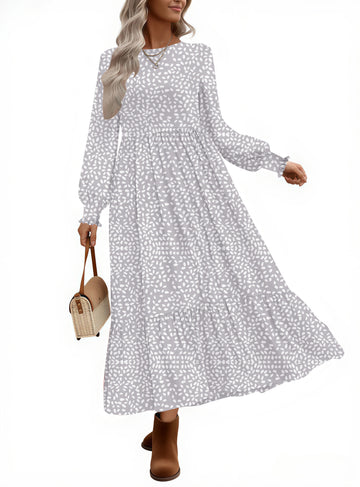 UVN Fall Long Dress for Women Crewneck Casual Long Sleeve Pleated Dresses with Pockets