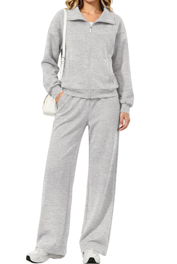UVN Two Piece Sets for Women Fall Winter Fashion Tracksuit Outfits Lapel Long Sleeve Zip Up Tops and Pants Lounge Sets
