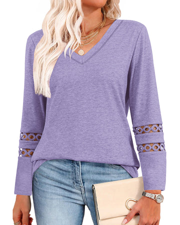 UVN Fall Blouses for Women Long Sleeve V Neck Tunic Tops Casual Hollow Out Curved Hem Dressy Shirts
