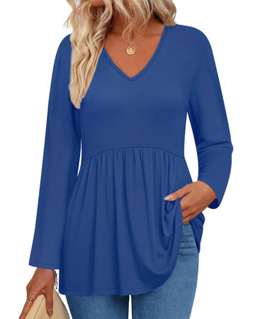 UVN Fall Blouses for Women Long Sleeve V Neck Peplum Tunic Tops Casual Babydoll Flowy T Shirts