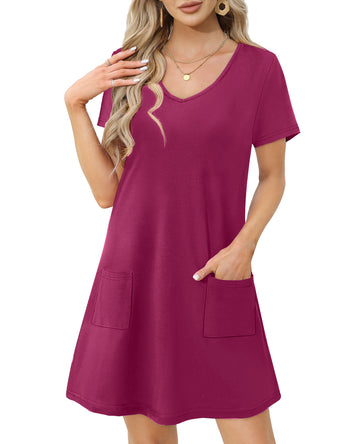 UVN Summer Dresses for Women V Neck Short Sleeve T Shirt Dress Casual Beach Sundress with Pockets