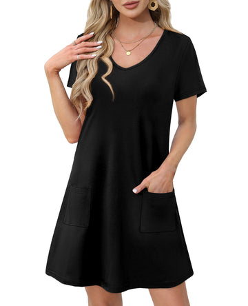 UVN Summer Dresses for Women V Neck Short Sleeve T Shirt Dress Casual Beach Sundress with Pockets