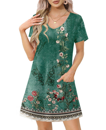 UVN Summer Dresses for Women V Neck Short Sleeve T Shirt Dress Casual Beach Sundress with Pockets