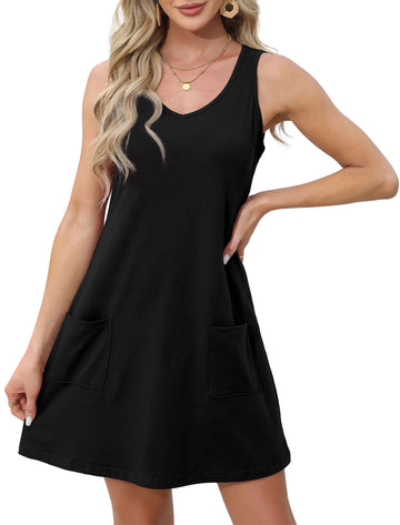 UVN Summer Dresses for Women V Neck Sleeveless T Shirt Dress Casual Beach Sundress with Pockets