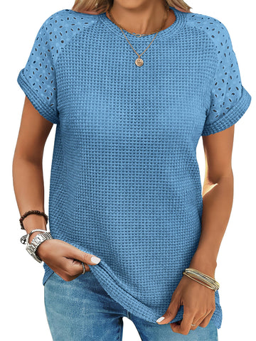 UVN Summer Blouses for Women Short Sleeve Crewneck Dressy Shirts Ladies Casual Waffle Knit Hollow Out Tunic Tops