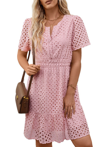 UVN Women Dress Summer Short Sleeve V Neck Dress Ladies Caual A Line Hollow Out Lace Beach Dresses