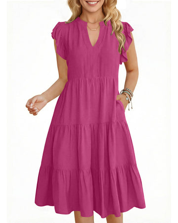 UVN Summer Dresses for Women Ruffle Sleeve V Neck Midi Dress Casual Beach Sundress with Pockets
