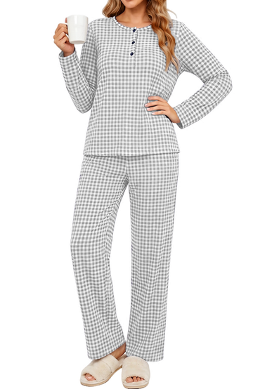 UVN Fall Pajamas for Women Plaid Henley Collar Long Sleeve Top and Wide Leg Pant Ladies Gingham Sleepwear with Pockets