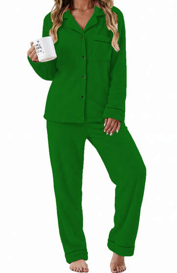 UVN Fuzzy Womens Pajama Winter 2 Piece Button up Loungewear Set for Women Long Sleeve Top and Long Pant Fleece Sleepwear with Pockets