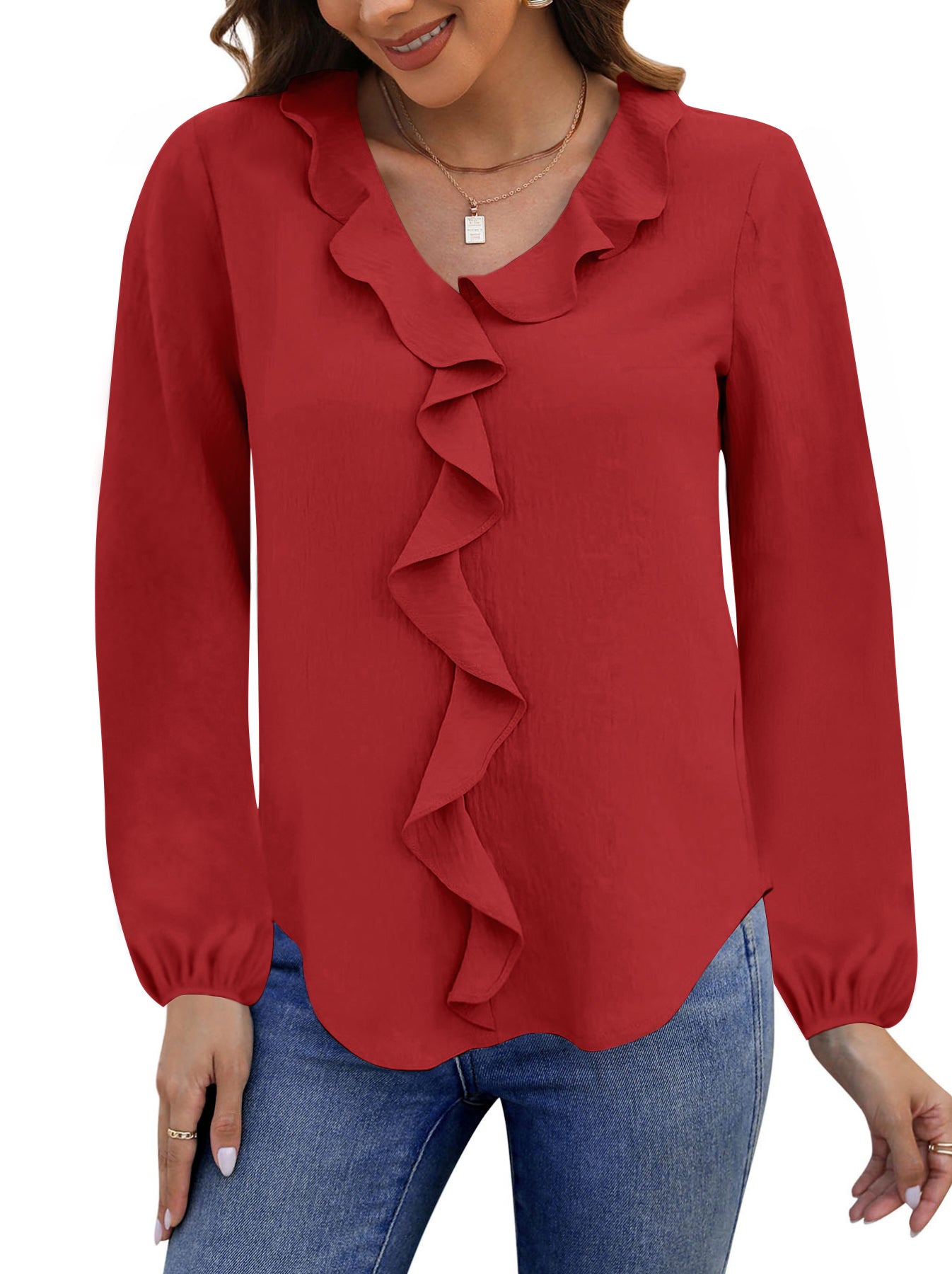 UVN Blouses for Women V Neck Long Sleeve Shirts Dressy Casual Ruffle Chiffon Tops