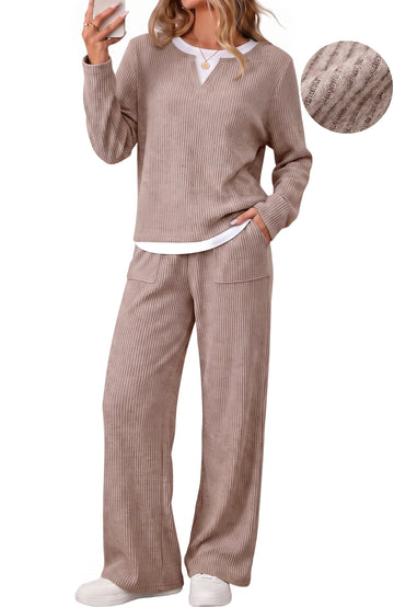 UVN Fall Matching Set for Women Color Block Tops and Wide Leg Pants Ladies Sweatsuit Casual 2 Peice Set