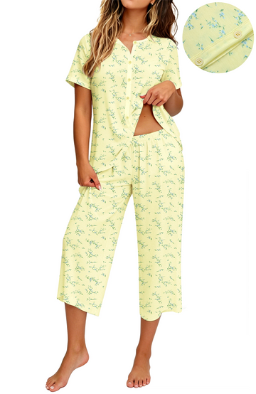 UVN Womens Pajama Sets Short Sleeve Button Down Tops and Capri Pants 2 Piece Outfit Soft Pjs Sleepwear Loungewear with Pockets