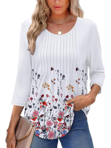 UVN Women Summer Blouses 3/4 Sleeves Loose Fit Shirts Ladies Pleated Crew Neck Tunic Tops