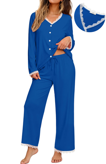 UVN Womens Pajama Sets Fall Long Sleeve Button Down Tops and Pants Two Piece Outfits Ladies Lace Sleepwear Soft Pjs Lounge Sets with Pockets