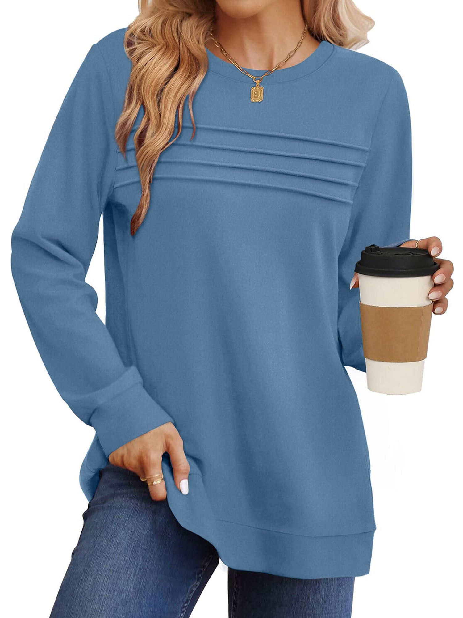 UVN Sweatshirts for Women Casual Long Sleeve Shirts Loose Fit Pleated Front Crewneck Tunic Tops