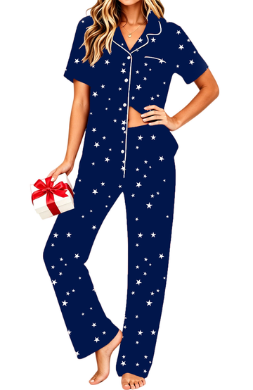 UVN Pajamas for Women Notch Collar Short Sleeve Top and Long Pant Ladies Soft Button up Sleepwear with Pockets