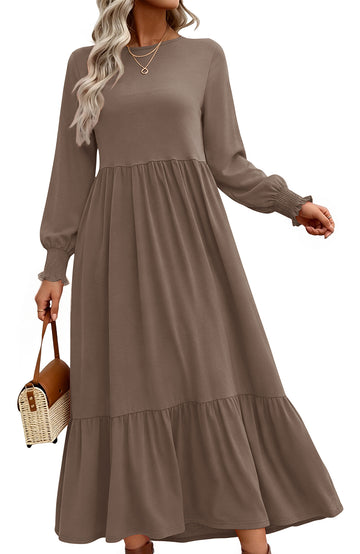 UVN Fall Long Dress for Women Crewneck Casual Long Sleeve Pleated Dresses with Pockets