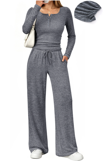 UVN Two Piece Sets for Women Fall Long Sleeve Ruched Tops and Wide Leg Pants Outfits Ladies Fashion Casual Lounge Sets