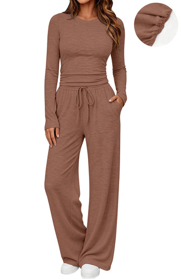 UVN Winter Womens 2 Piece Outfit Sets Ruched Long Sleeve Top and Wide Leg Pants Casual Loungewear Ladies Workout Sets