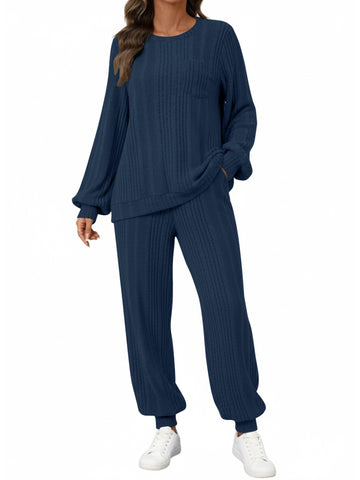 UVN Two Piece Sets for Women Casual Outfits Sets Textured Long Sleeve Shirts and Long Pants Lounge Set Fall Pajama Sets with Pockets
