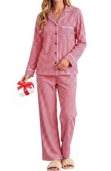UVN Womens Cotton 2 Piece Pajama Set Fall Gingham Button up Top and Long Pant Casual Ladies Plaid Loungewear