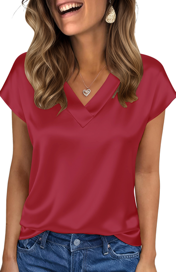 UVN Women Tops Summer Cap Short Sleeve Blouses Ladies V Neck Silk Satin Business Casual Shirts