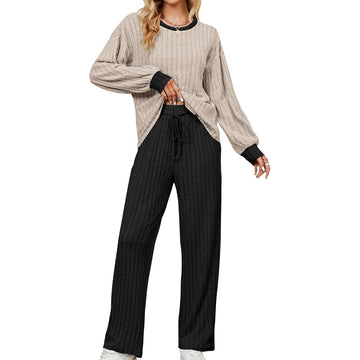 UVN Pajama Sets for Women Long Sleeve Lounge Set Ribbed Knit Sleepwear 2 Piece Pjs Soft Loungewear with Pockets