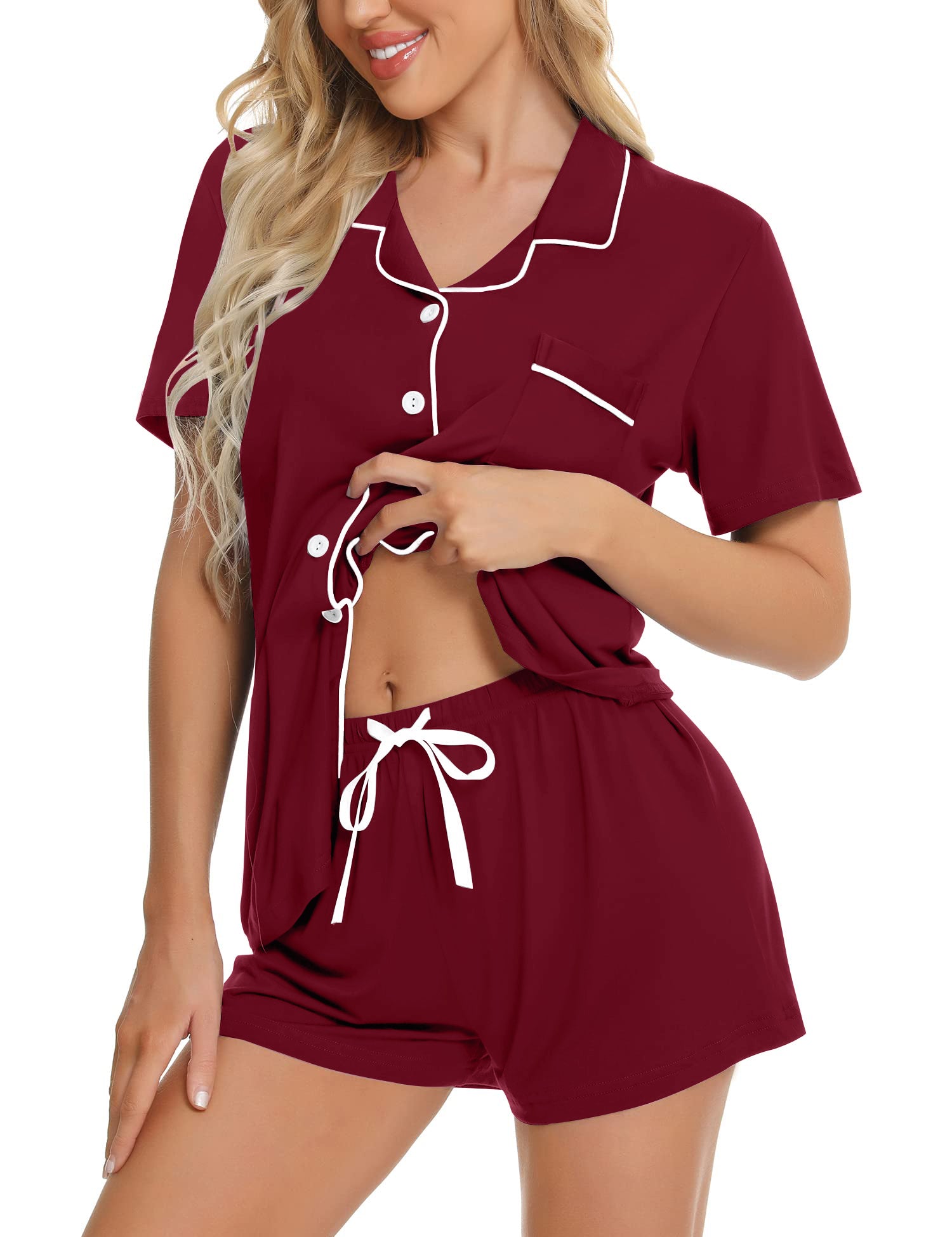 UVN Pajamas Sets for Women Button Down Short Sleeve Tops and Drawstring Shorts 2 Piece Lounge Set