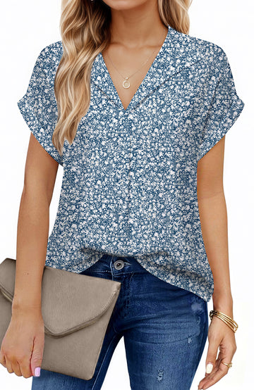 UVN Blouses for Women Summer Short Sleeve Work Shirts Dressy Casual V Neck Print Tops
