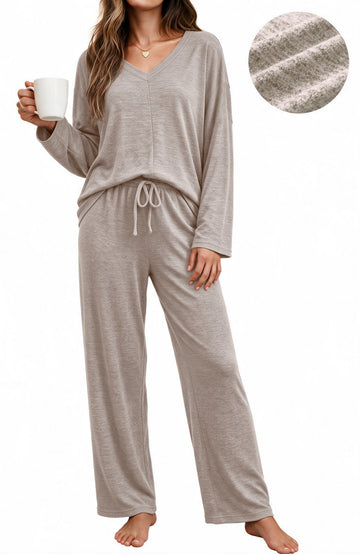 UVN Fall Womens Pajama Set 2 Piece Long Sleeve V Neck Top and Wide Leg Pant Ladies Soft Matching Lounge Set with Pockets