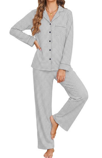 UVN Womens 2 Piece Pajama Set Fall Gingham Button up Top and Long Pant Casual Ladies Plaid Loungewear Set with Pockets