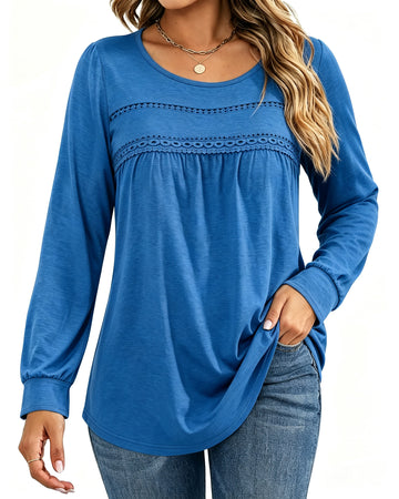 UVN Blouses for Women Long Sleeve Crochet Ladies Lace Shirts Crew Neck Dressy Casual Tops