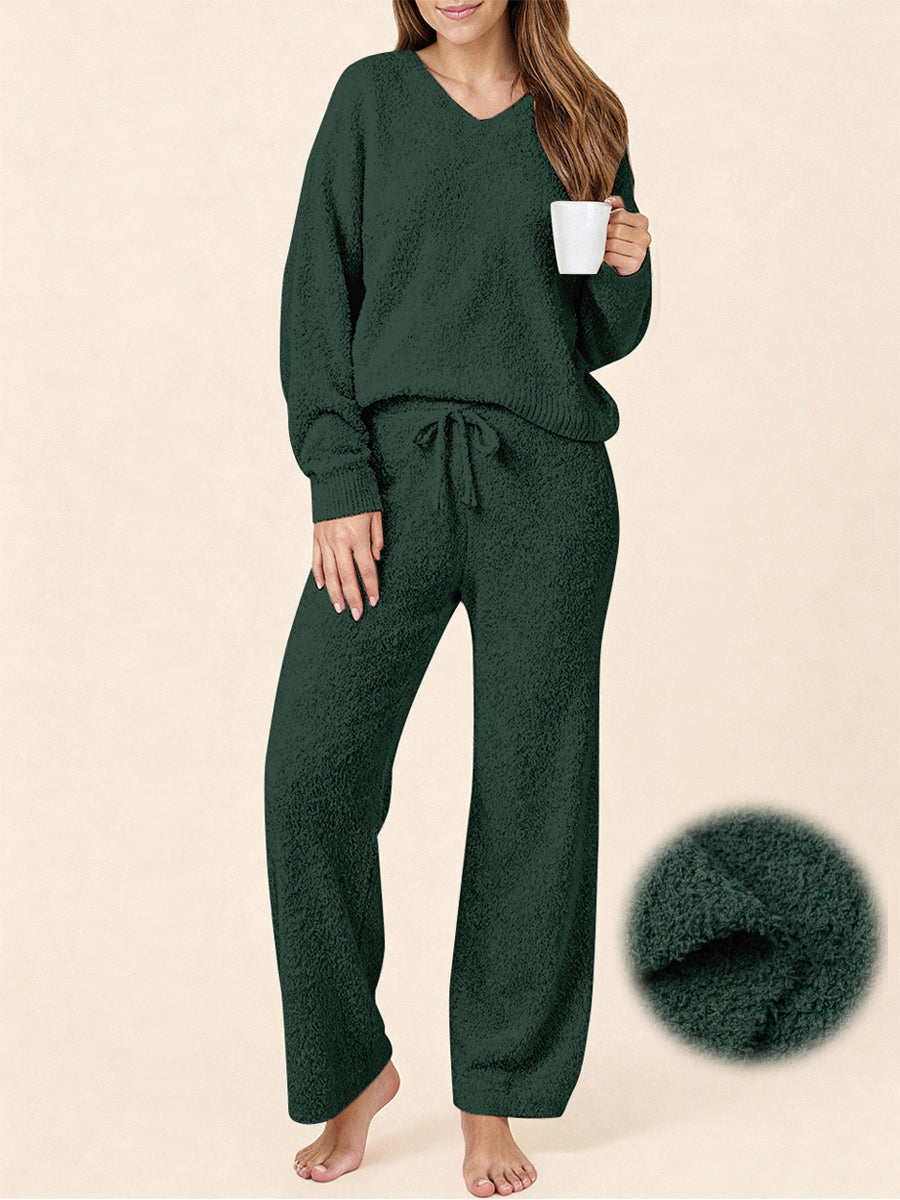 UVN Winter Pajama for Women Sweater Set Ladies V neck Tops and Long Pants Warm 2 Piece Loungewear