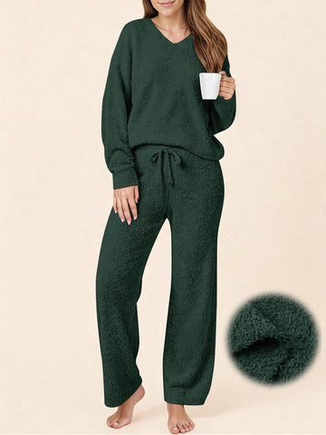 UVN Winter Pajama for Women Sweater Set Ladies V neck Tops and Long Pants Warm 2 Piece Loungewear