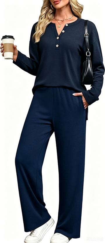 UVN Two Piece Outfits Sets for Women Casual Color Block Striped Sweatsuits Long Sleeve V Neck Button Henley Shirts Wide Leg Pants Tracksuits Travel Lounge Matching Sets with Pockets
