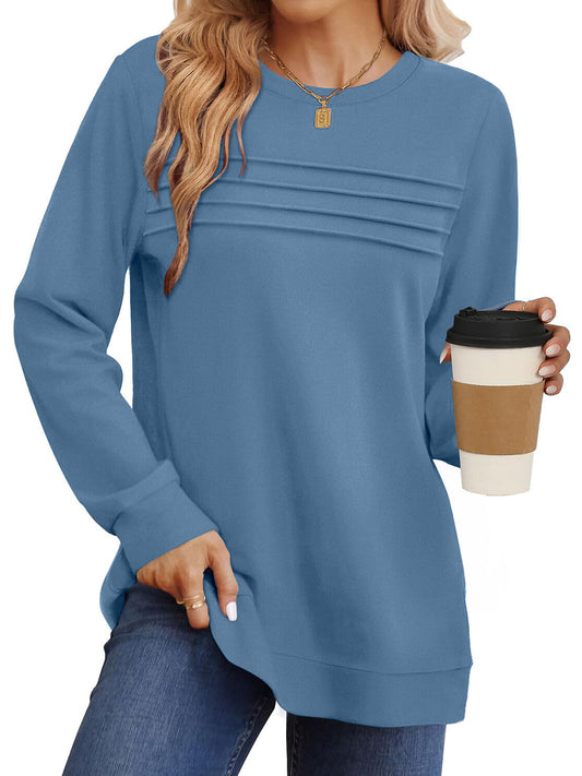 UVN Sweatshirts for Women Casual Long Sleeve Shirts Loose Fit Pleated Front Crewneck Tunic Tops