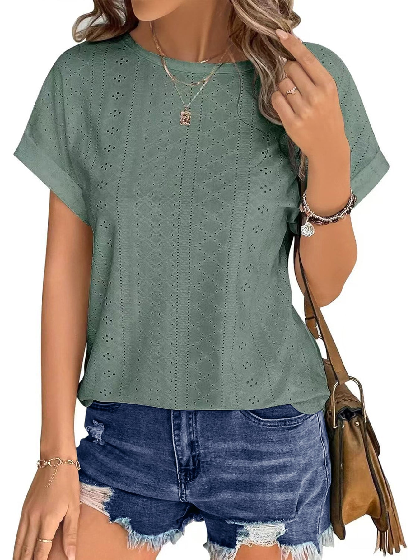 UVN Shirts for Women Summer Short Sleeve Eyelet Tops Dressy Casual Crewneck Blouses