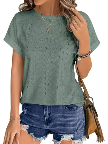 UVN Shirts for Women Summer Short Sleeve Eyelet Tops Dressy Casual Crewneck Blouses